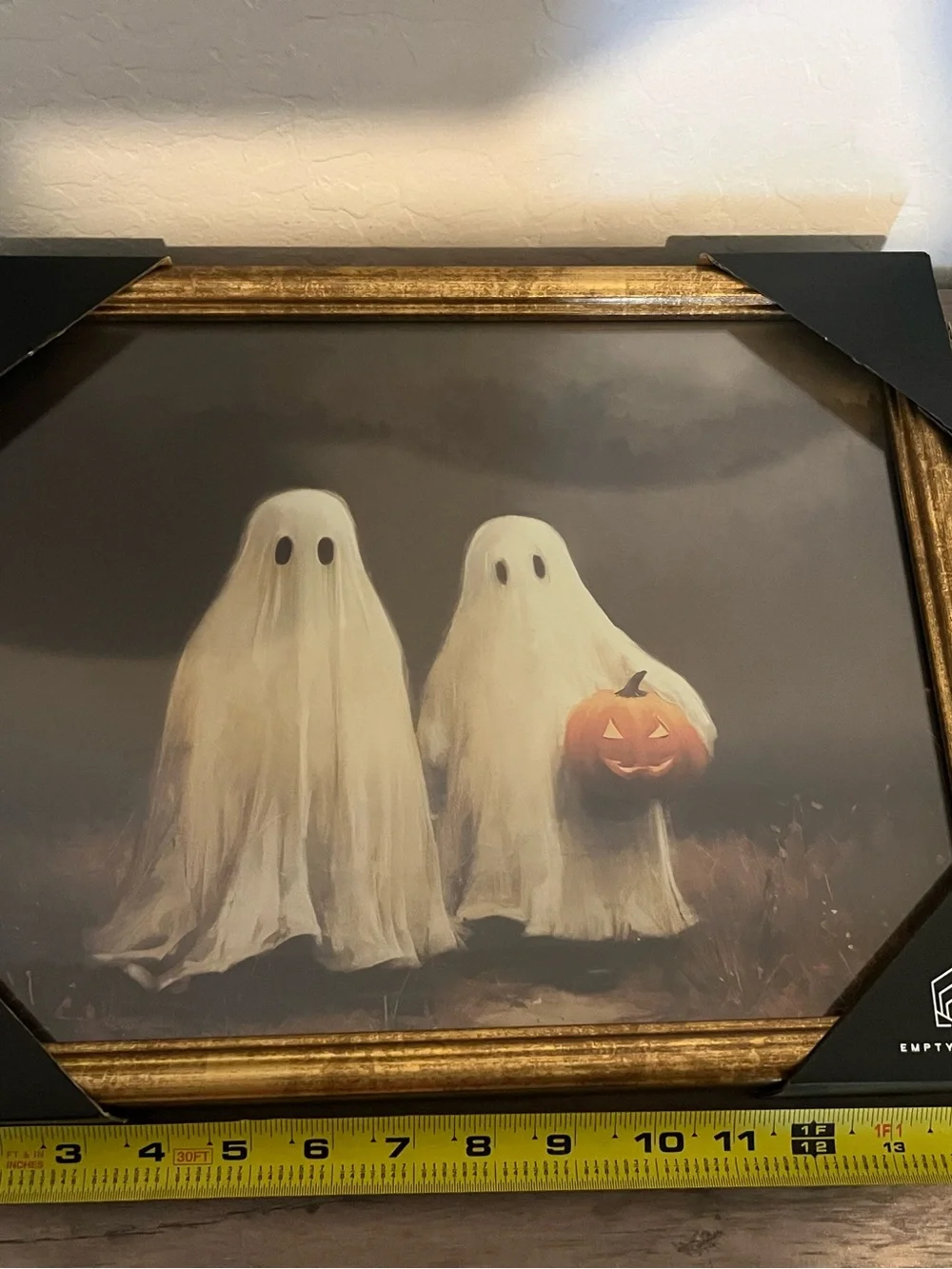 Haunted Ghosts Holding Pumpkin Halloween Print in Gold Frame -Empty Spaces